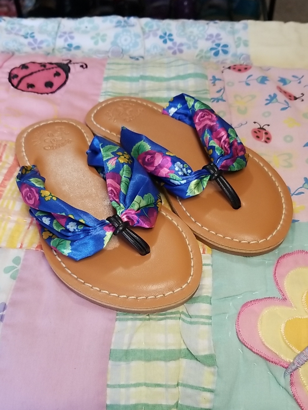 Matilda Jane Blue Floral Scarf Sandals with Tan Footbed Size 11